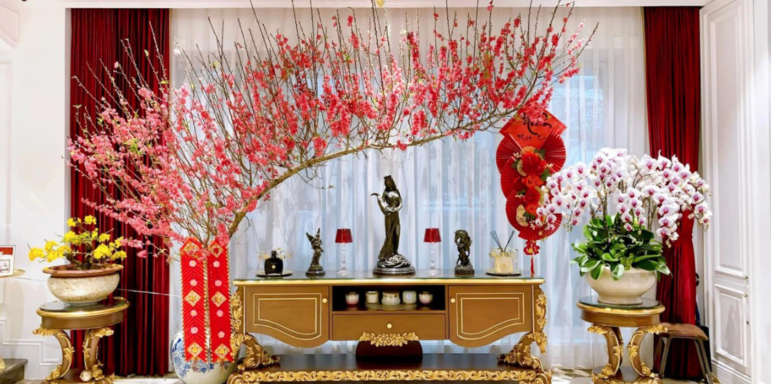 Cây đào được đặt trong phòng khách